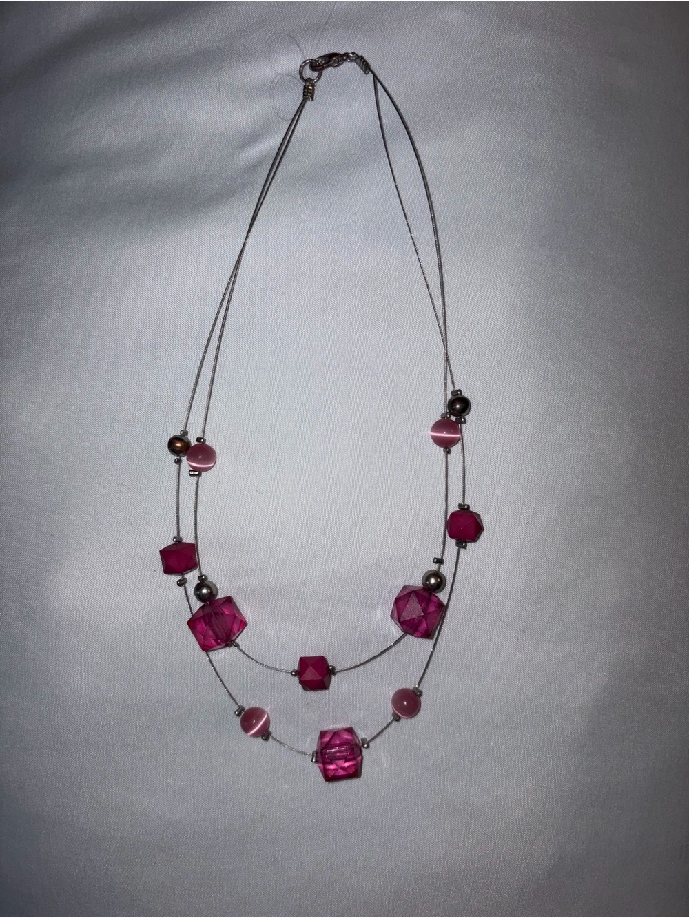 Multi Strand Station Necklace Dark Pink Light Pink Crystal Beads Floating Boho
